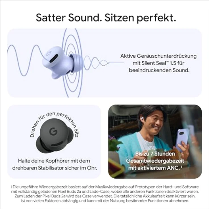 Google Pixel Buds 2a, Kabellose Kopfhörer mit aktiver Geräuschunterdrückung, Wasserabweisend, Bluetooth-kompatibel, Iris – Bild 2