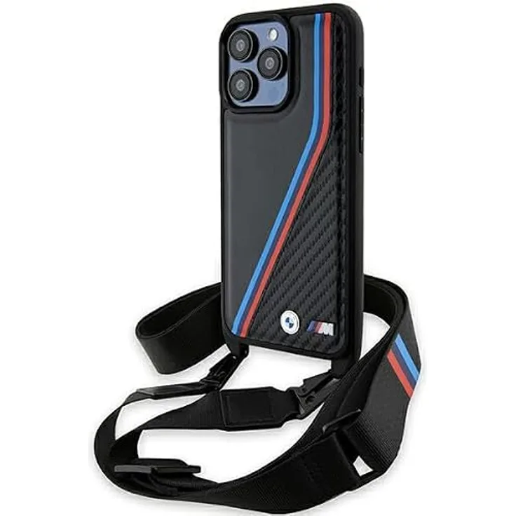 BMW M Edition Carbon Tricolor Lines & Strap Case für iPhone 15 Pro - schwarz, hochwertiger Schutz mit sportlichem Design