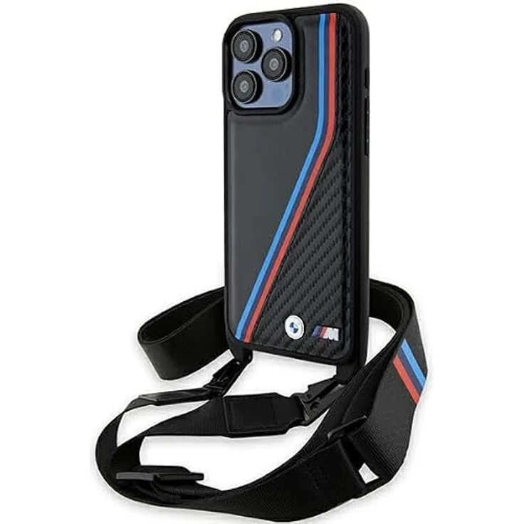 BMW M Edition Carbon Tricolor Lines & Strap Case für iPhone 15 Pro - schwarz, hochwertiger Schutz mit sportlichem Design – Bild 1