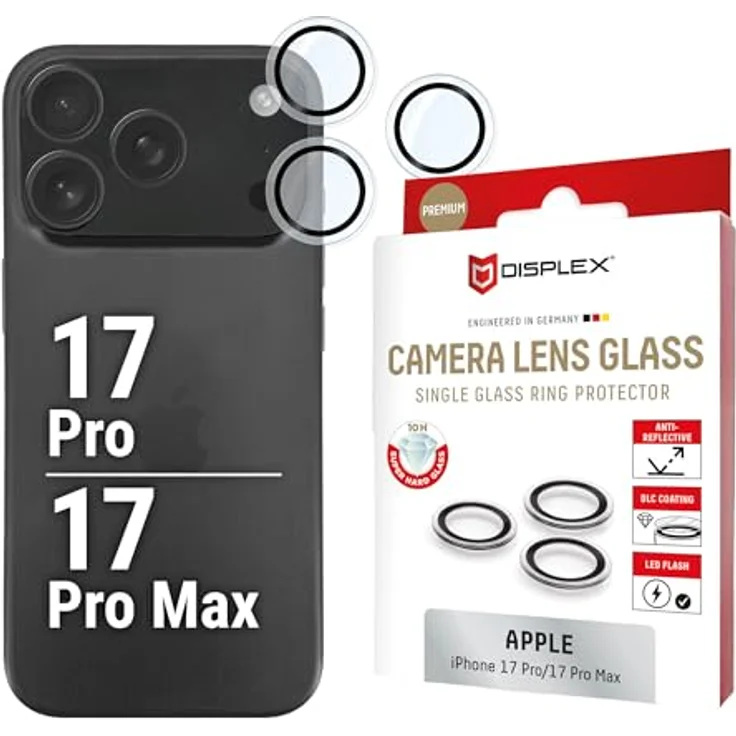 DISPLEX Premium Camera Lens Glass für iPhone 17 Pro/17 Pro Max, 10H Echtglas Schutzringe, transparent, Quick Mount, anti-fingerprint, passgenau – Bild 1
