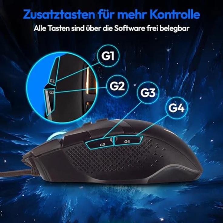 ERAZER Gaming Maus Wizard P20 (16.000 DPI, OMRON Switches, RGB Beleuchtung, 9 programmierbare Tasten, Schwarz) – Bild 4