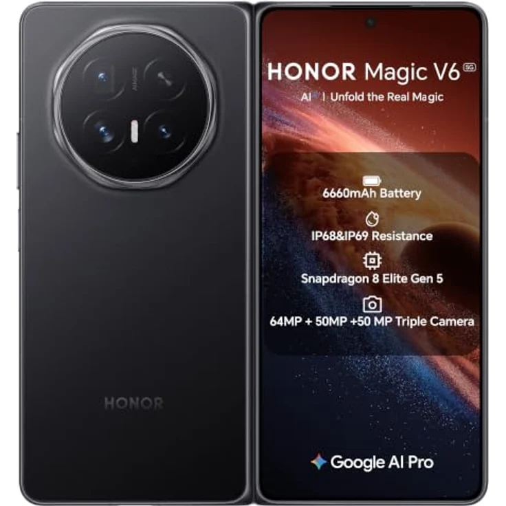 HONOR Magic V6 5G Falt-Smartphone mit 512GB, 16GB RAM, 50 MP Triple-Kamera, 7,95 Zoll LTPO AMOLED, Schwarz – Bild 1