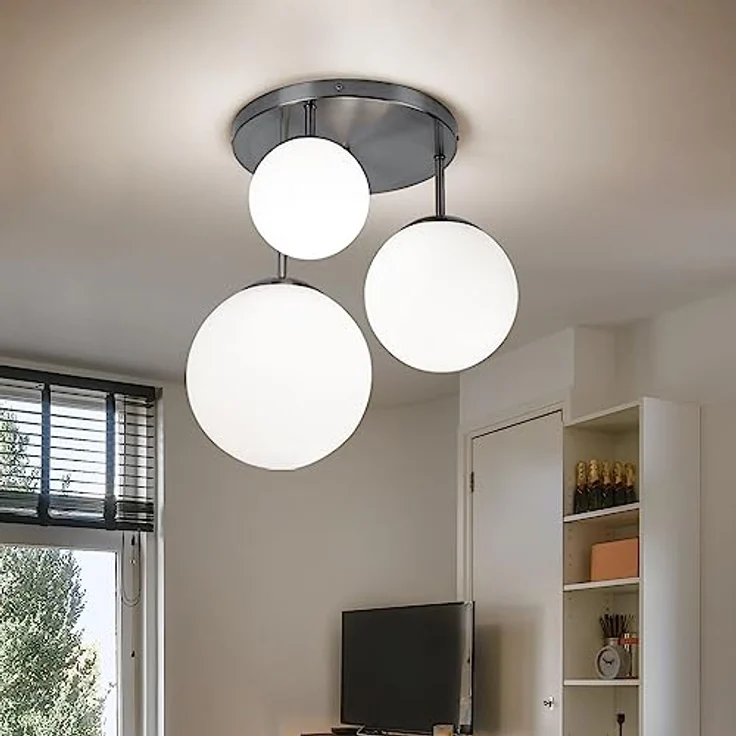 Globo Deckenlampe Wohnzimmerleuchte Kugel Deckenleuchte Glas satiniert, 3x E27, DxH 46,5x44 cm, Nickel Matt – Bild 2