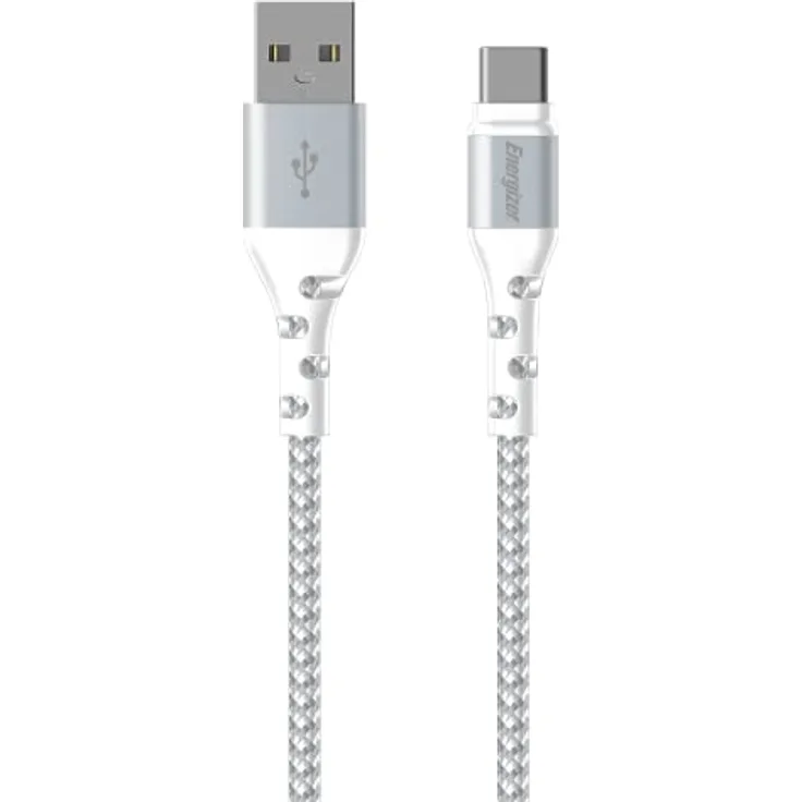 USB-A/USB-C Kabel, verstärkt, 2 m, Weiß/silberfarben geflochten