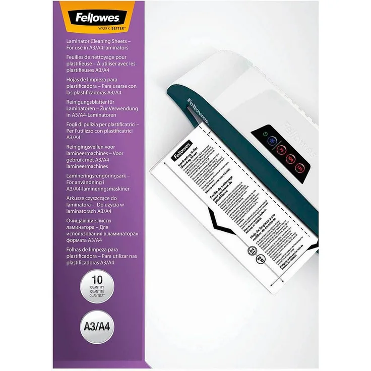 FELLOWES Drucker- und Kopierpapier 10 Reinigungsblätter oder Carrier für Laminiergeräte DIN A4, ideal zur Entfernung von Staub & Schmutz, FELLOWES