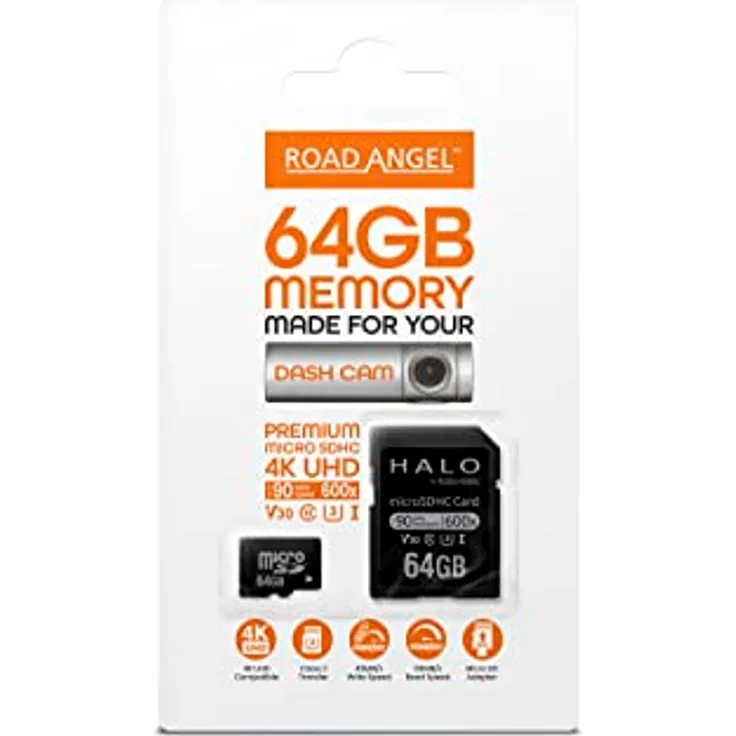 Road Angel, 64GB SD-Karte, hergestellt für Dashcams, geeignet für alle Arten von Smartphones und elektronischen Geräten, Class 3 Transfer, Micro-SD-Adapter - Schwarz