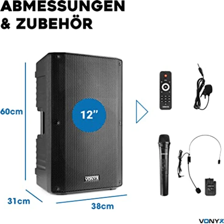 Vonyx VSA500-BP, 12" Tragbares Akku Lautsprecher System mit 800 W Leistung, Bluetooth und zwei drahtlosen Mikrofonen, schwarz – Bild 6