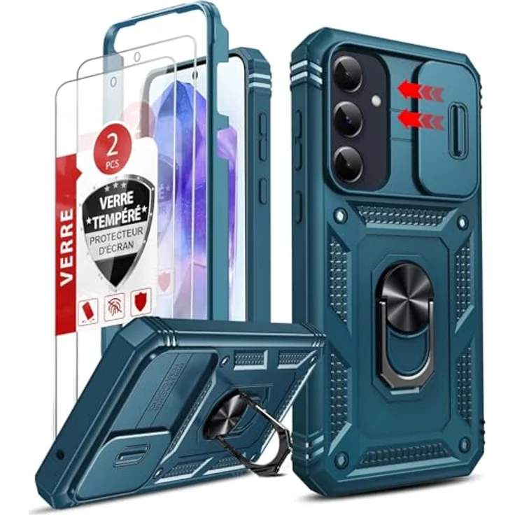 LeYi Objektivschutz für Samsung Galaxy A55 5G, Hybrid Schutzhülle mit Ringhalterung, kratzfest, blau – Bild 1