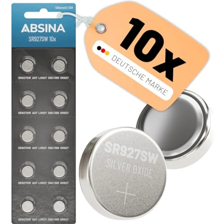 ABSINA SR 927 SW Uhren Knopfzelle 1,55V Silberoxid 10er Pack - Lange Haltbarkeit & auslaufsicher - Knopfzelle 395, Silber – Bild 1
