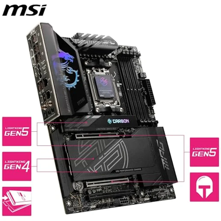 MSI MPG X870E Carbon WiFi Mainboard, ATX - AMD Ryzen 9000/8000/7000 Unterstützung, DDR5 Memory Boost 8400+MT/s, PCIe 5.0 x16 & 4.0 x16, M.2 Gen5, Wi-Fi 7, 5G LAN – Bild 5