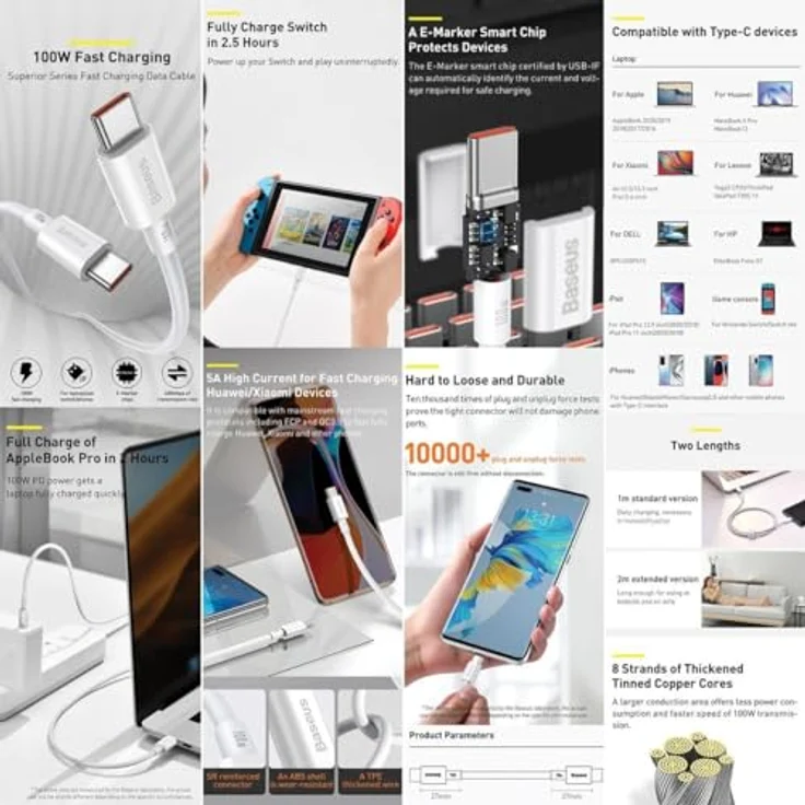 Baseus Superior Series USB-C auf USB-C Kabel, 100W Schnellladung, 1m, weiß – Bild 4