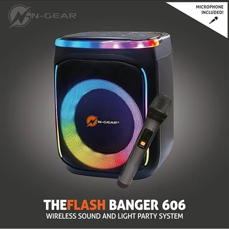 N-GEAR Flash Banger 606 - Tragbarer Bluetooth Party Lautsprecher mit Beleuchtung - 300 Watt Partybox mit drahtlosem Mikrofon und eingebautem Akku - 6 Stunden Spielzeit – Bild 3