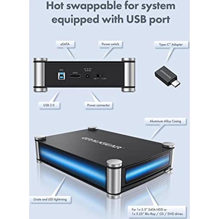 GRAUGEAR | Externes Gehäuse für 1x 5,25" SATA | Blu-Ray-CD-DVD Laufwerk | USB 3.0-eSATA-Anschluss | Inkl. USB-C Adapter | G-5251 – Bild 5