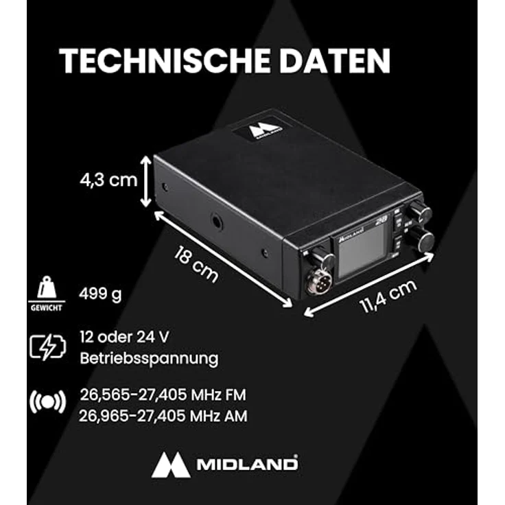 Midland 28 CB C1563, CB-Funkgerät mit 2"-LCD-Display, digitaler Rauschsperre und 12/24 V-Versorgung, sieben Farben wählbar – Bild 2