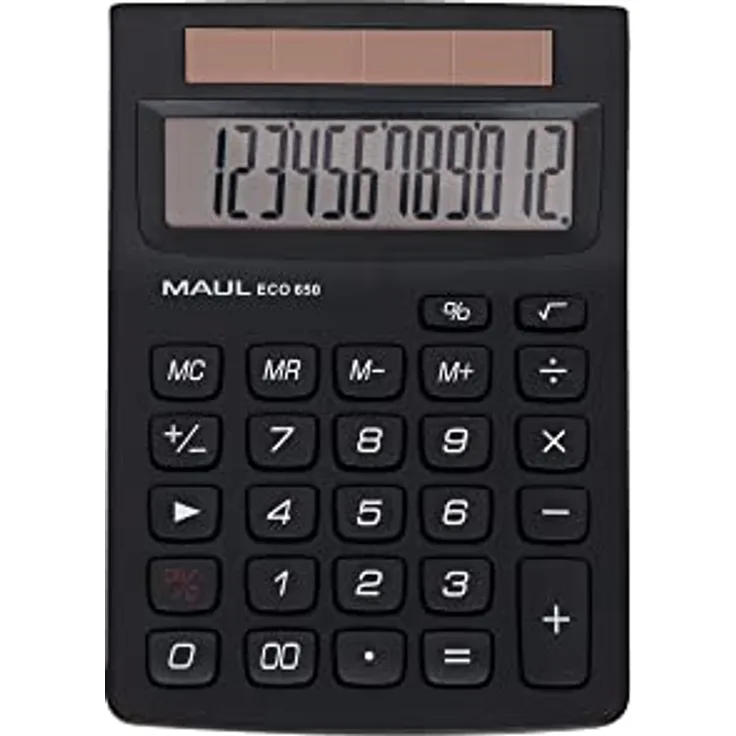 MAUL Tischrechner ECO 650 | umweltfreundlicher Solar Rechner mit 12 Stellen | Blauer Engel/uz116 | großer Profi-Tischrechner für Büro, Schreibtisch, Schule | 80% recycelter Kunststoff | Schwarz