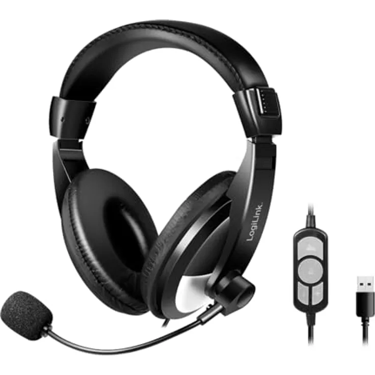 LogiLink Stereo-Headset mit gut gepolsterten Kopfhörern & integrierter Fernbedienung & Bügelmikrofon, Schwarz