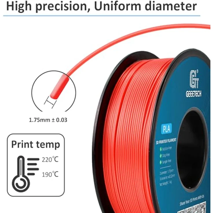 GEEETECH PLA Filament neue Rot, 1.75mm, 2x1kg Spule, umweltfreundlich, Vakuumverpackt, Drucktemperatur 190-220℃ – Bild 2