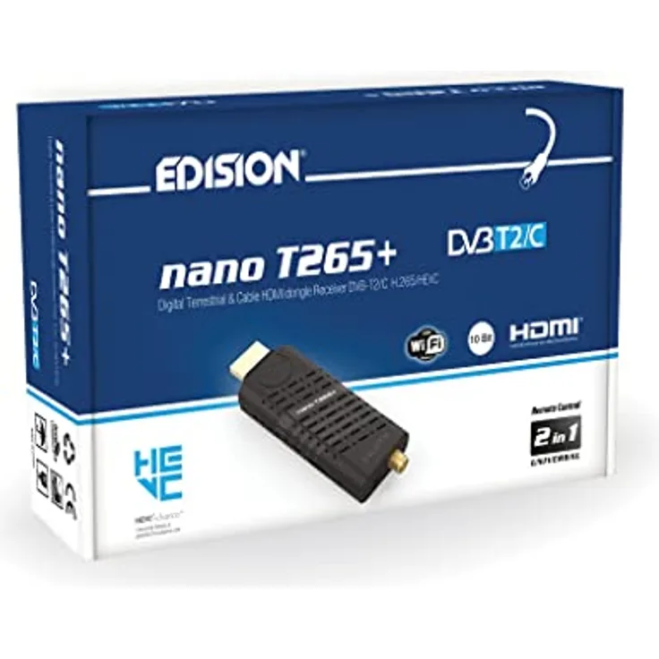 Edision Nano T265+ Terrestrischer DVB-T2 und Kabel DVB-C HDMI dongle Receiver, H265 HEVC, FTA, Full HD, PVR, USB, HDMI, IR, USB WiFi Support, Universal 2in1 Fernbedieung, Schwarz