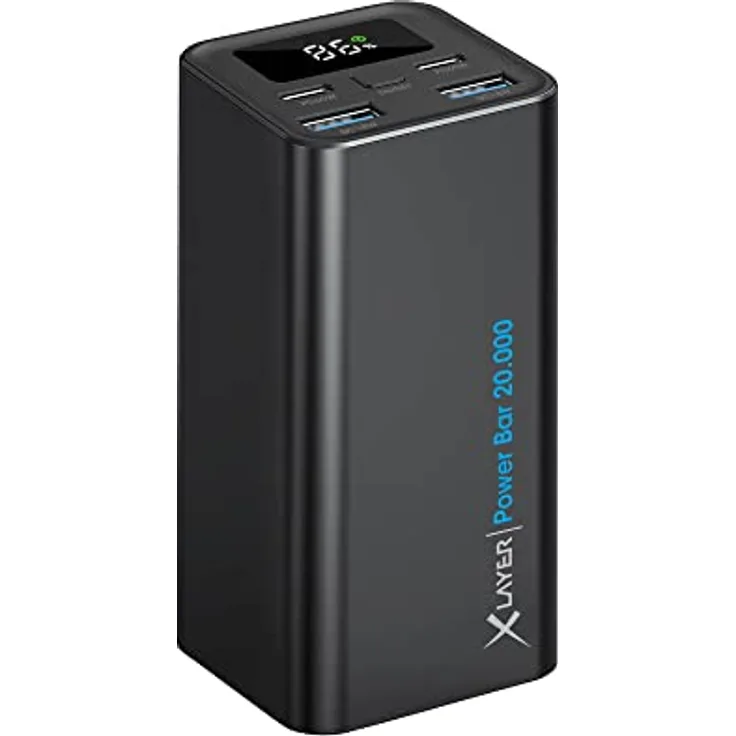 XLayer Power Bank Bar 20.000 mAh 65W Core Power Akku, externes Ladegerät für Laptop, PC iPhone, iPad, Samsung, Huawei, Xiaomi, AirPods, USB-C, schnelles Aufladen, Tragbar Mobil