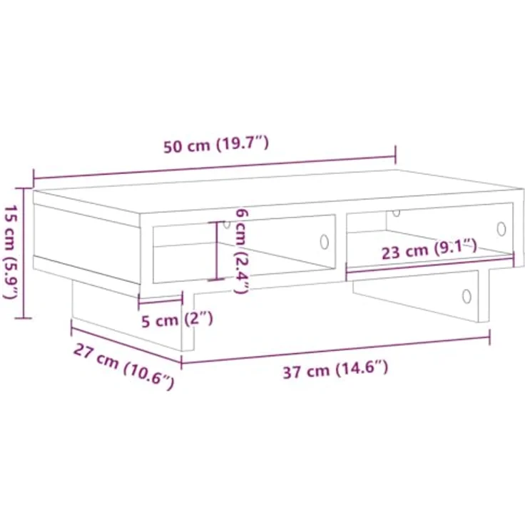 vidaXL Monitorständer, Betongrau, 2 Fächer, 50x27x15 cm, Holzwerkstoff, max. Belastbarkeit 25 kg – Bild 3