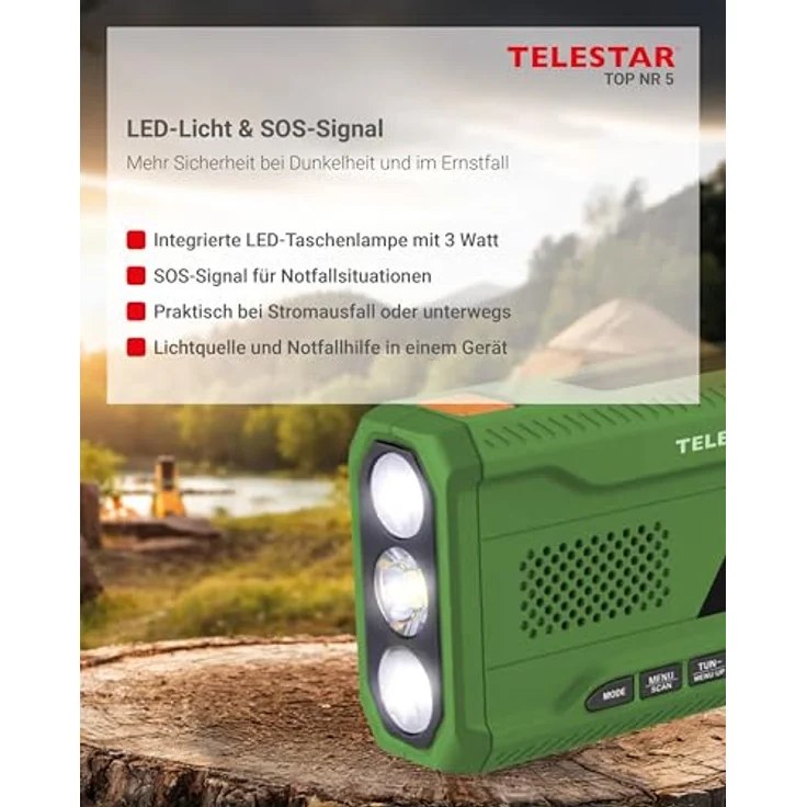 Telestar TELESTAR TOP NR 5 Notfallradio, Kompaktes Kurbelradio mit 4.000 mAh Akku, Solarpanel, Powerbankfunktion und Taschenlampe, Grün – Bild 4