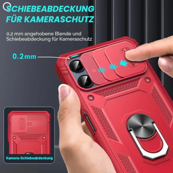 LeYi Kameraschieber Handyhülle für Samsung Galaxy A06, Militärschutz Case mit Schiebekamera Abdeckung und 360° Metallring, stoßfest, rot, inklusive 2 Displayschutzfolie Glas – Bild 2