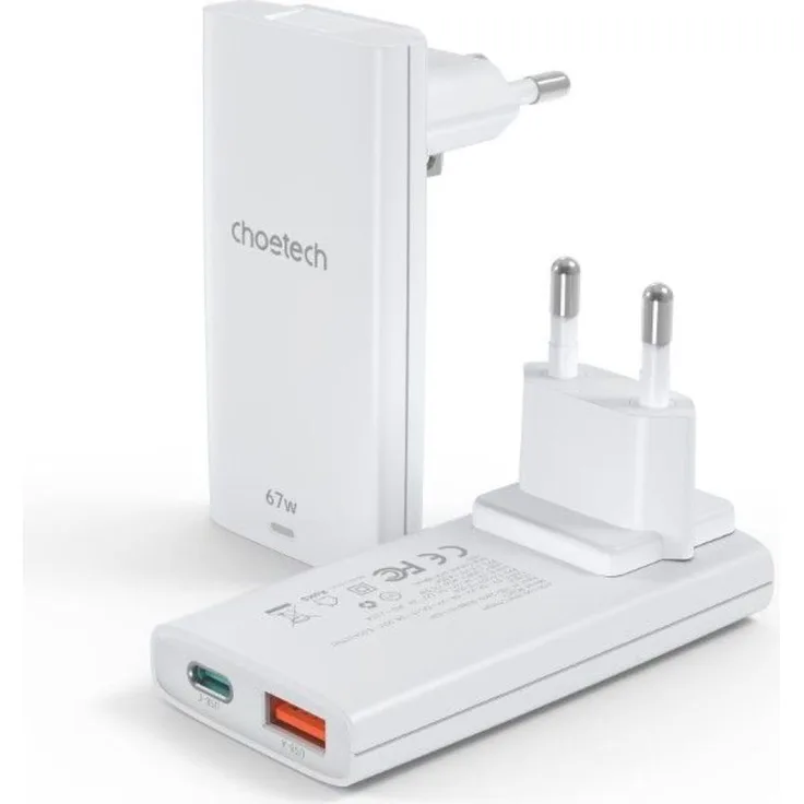 CHOETECH Schnellladegerät mit Länderadapter, Fast Charger (67W) , USB-C + USB-A Output 45W + 10.5W Weiß
