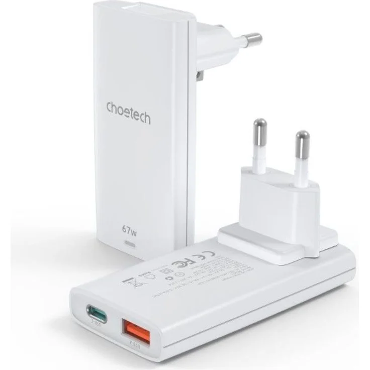 CHOETECH Schnellladegerät mit Länderadapter, Fast Charger (67W) , USB-C + USB-A Output 45W + 10.5W Weiß