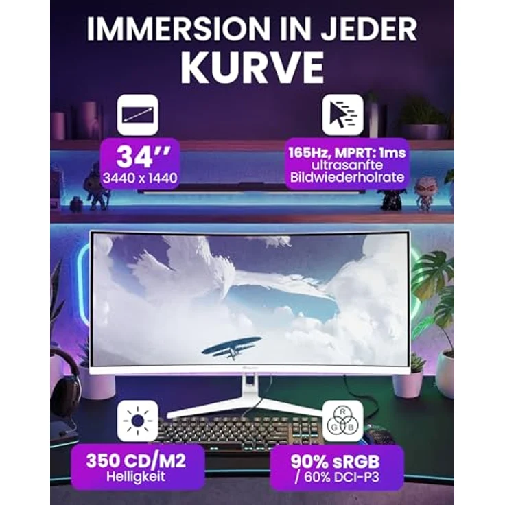 Arozzi Nova 34", Curved Gaming Monitor mit VA-Panel, 165Hz, Ultrawide QHD 1440p, Adaptive Sync, HDR10, flimmerfrei, 90% sRGB, weiß – Bild 2