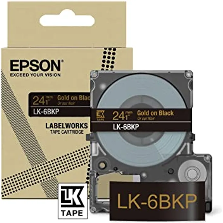 Epson Etikettenkassette, Metallicband LK-6BKP gold auf schwarz, langlebiges Beschriftungsband für Epson LabelWorks Etikettendrucker, wasser- & verschleißfest, 9 m x 24 mm