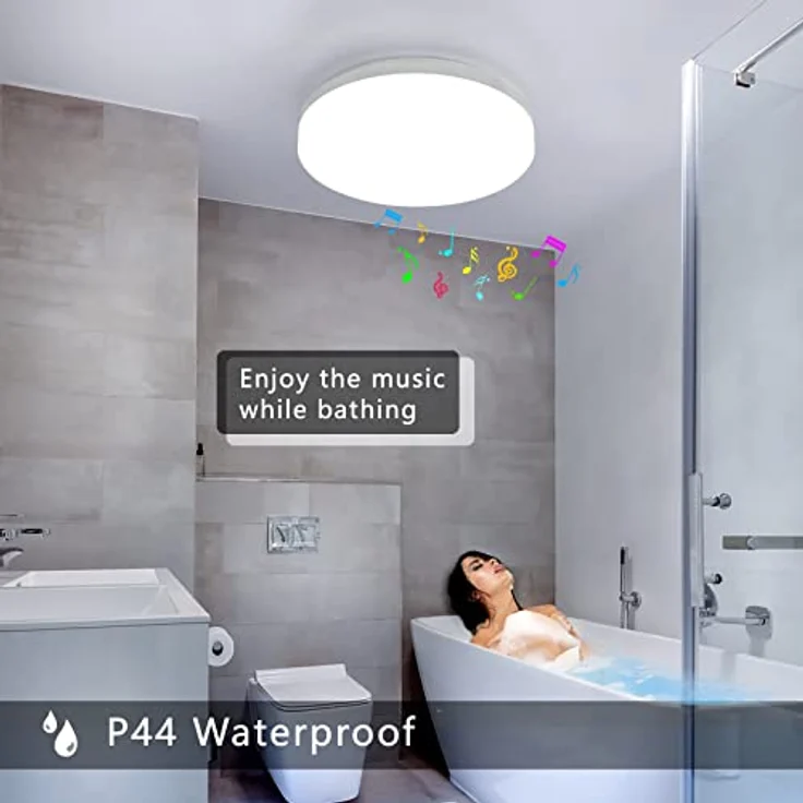 JDONG Bluetooth Deckenleuchte 24W LED mit Lautsprecher, Fernbedienung und APP-Steuerung, RGB Farbwechsel, dimmbar, IP44 Wasserfest,Weißes Rauschen Einstellbar für Schlafzimmer Kinderzimmer Ø26CM – Bild 4