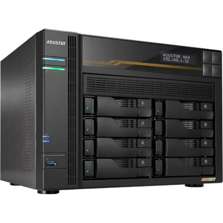 Asustor Lockerstor 8 Gen3 AS6808T 8 Bay NAS Netzwerkspeicher, AMD Ryzen Quad-Core 2.3 GHz, 16GB RAM ECC DDR5, 4 M.2 NVMe Slots, Dual 5GbE & Dual 10GbE Port, USB4 Type-C, Network Attached Storage