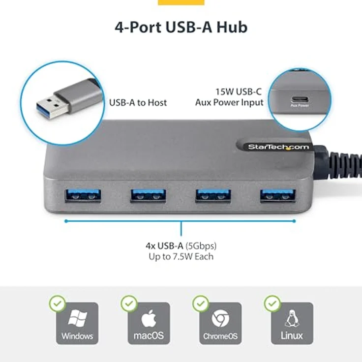 StarTech.com 4-Port USB-A Hub, 5Gbps, Busbetrieben mit USB-C-Netzteil Port, Mini Reisehub für Laptop, schwarz – Bild 2