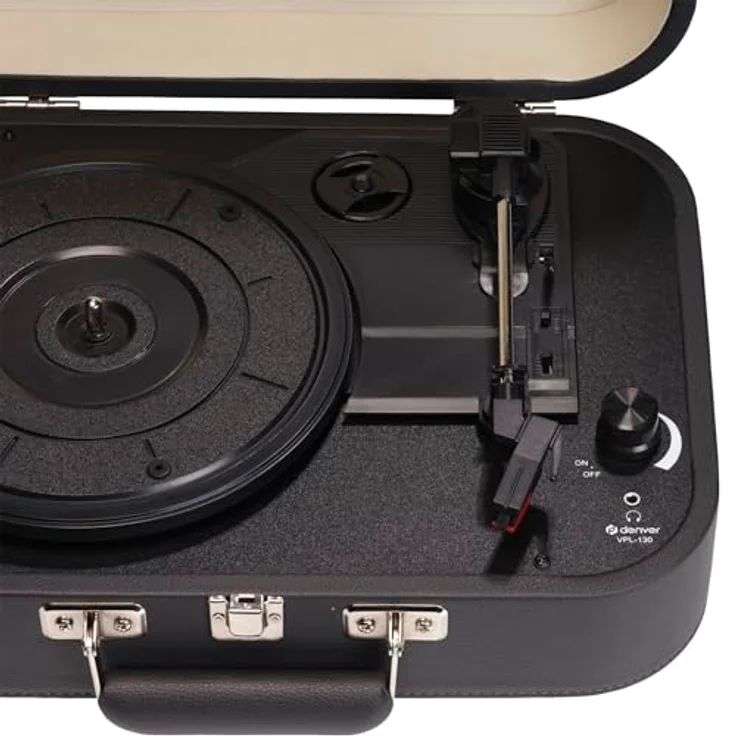Denver Retro Koffer Plattenspieler VPL-130DGR, Vintage Schallplattenspieler mit Lautsprecher, USB zum Digitalisieren, 33/45/78 RPM, AUX, Kopfhörer & RCA-Ausgang, tragbarer Vinyl Player ohne Bluetooth – Bild 2