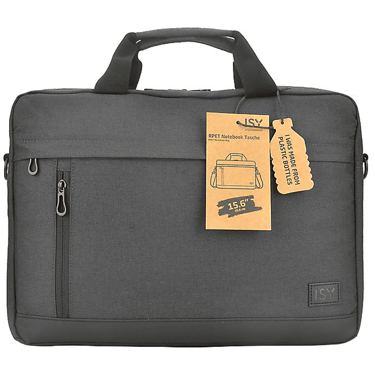 ISY INB 2156-1-BK Notebooktasche, Umhängetasche aus recyceltem PET, großes gepolstertes Hauptfach, Schwarz