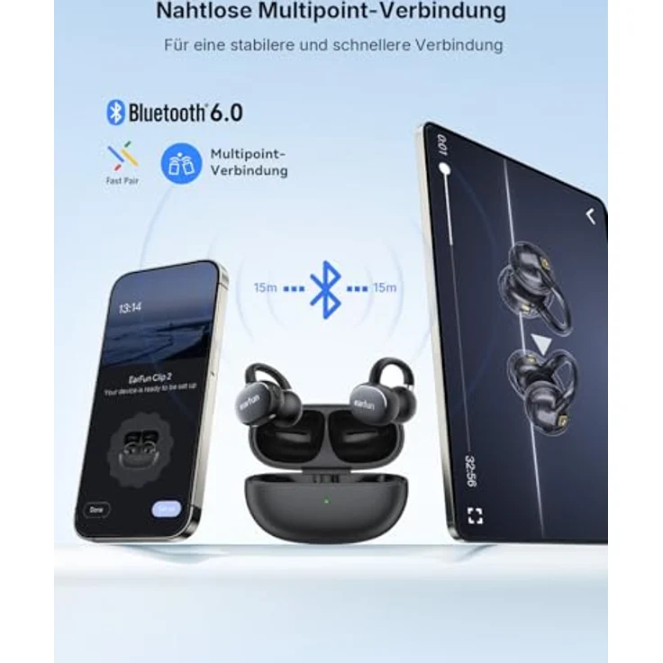 EarFun Clip 2 Schwarz Open-Ear Bluetooth-Kopfhörer, Clip-On Earbuds, Hi-Res Audio mit LDAC, 12-mm-Titan-Treiber, 40 Std. Akku, IP55 – Bild 9