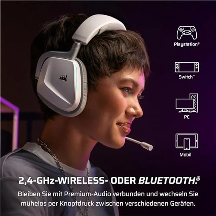 Corsair Void v2, Drahtloses Gaming-Headset mit Bluetooth, Dolby Atmos, 70 Stunden Akkulaufzeit, Duale Wireless, Weiß – Bild 4