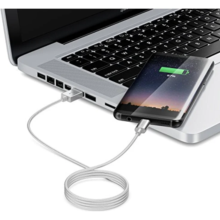 deleyCON 2m USB-C auf USB-A Kabel mit Schnellladefunktion, robustes Nylonkabel in Silber für Notebook, Smartphone und Tablet – Bild 4
