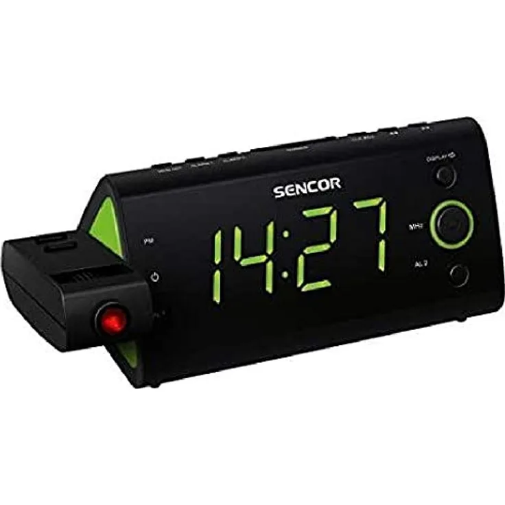 SENCOR SRC 330 GN Radiowecker mit Zeitprojektion, Thermometer und Kalender, Digitale Anzeige von Uhrzeit und eingestellter Frequenz, PLL FM-Radio mit 10 Senderspeichern, schwarz-grün