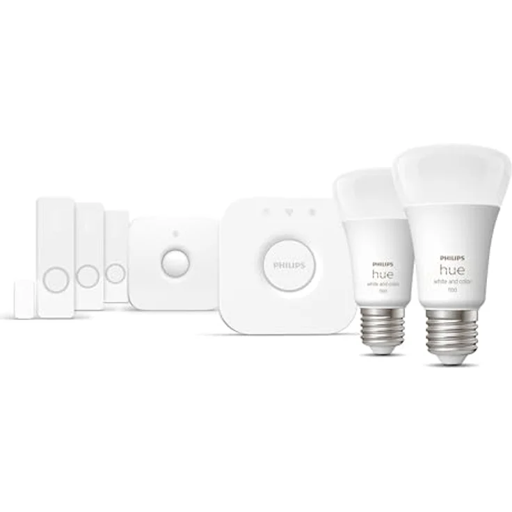 PHILIPS Hue Secure Starter Kit, inkl. 3 Kontaktsensoren & 1 Bewegungssensor in Weiß, 2 smarte LED Lampen (White & Color Ambiance E27) und Bridge – Bild 3