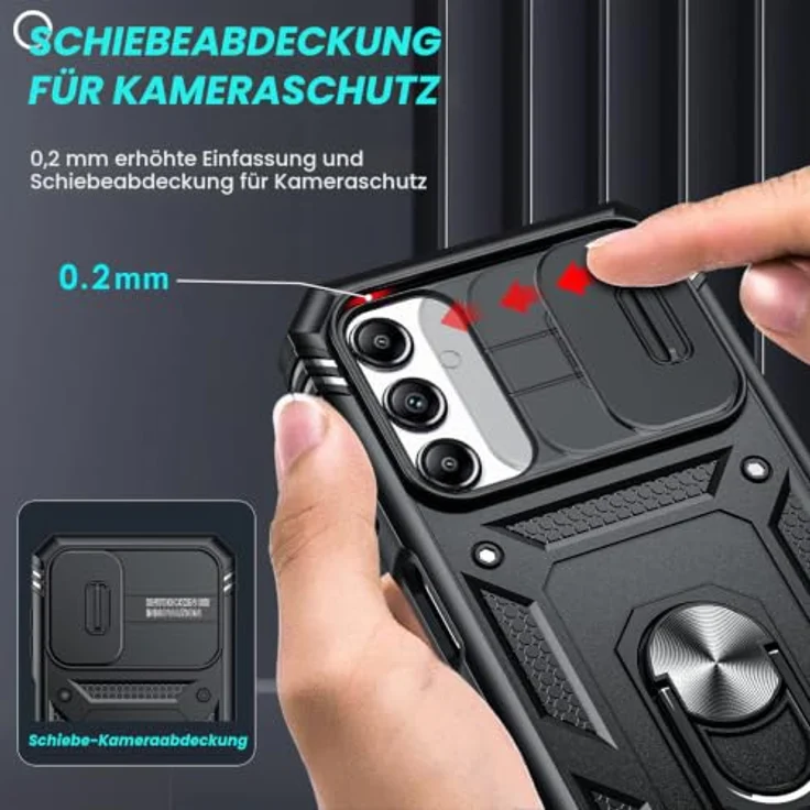 LeYi Handyhülle für Samsung Galaxy A14 5G, Stoßfestes Hardcase mit 2 Schutzfolien, 360 Grad Ständer und Kameraschutz, Schwarz – Bild 2