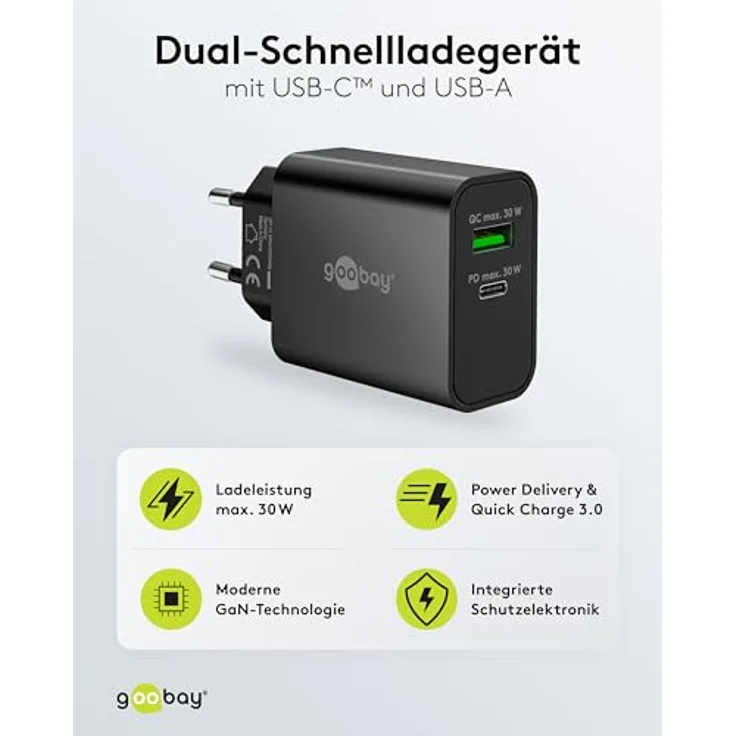 goobay 30W USB C Ladegerät, GaN Dual Port Schnellladegerät mit Power Delivery & Quick Charge, kompakter Ladestecker für iPhone, Samsung Galaxy, Tablet und Kopfhörer, Schwarz - 75335 – Bild 2