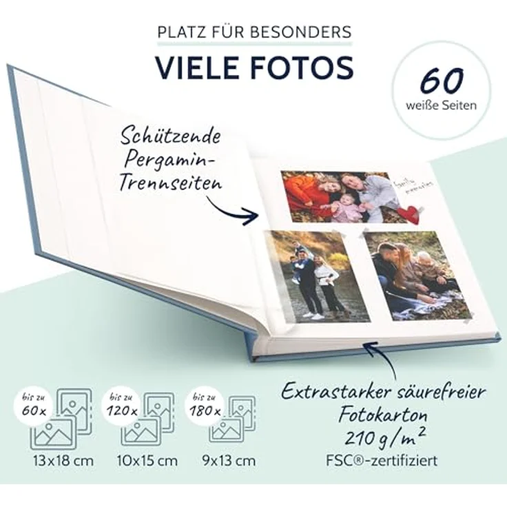 goldbuch Fotoalbum Summertime Trend 2, Fotobuch mit 60 weißen Seiten mit Pergamin Trennblätter, Erinnerungsalbum mit Leinen Einband, Foto Album zum Einkleben, 24607, Blau-grau, 25 x 25 x 4 cm – Bild 4
