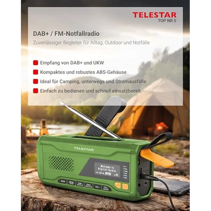 Telestar TELESTAR TOP NR 5 Notfallradio, Kompaktes Kurbelradio mit 4.000 mAh Akku, Solarpanel, Powerbankfunktion und Taschenlampe, Grün – Bild 2