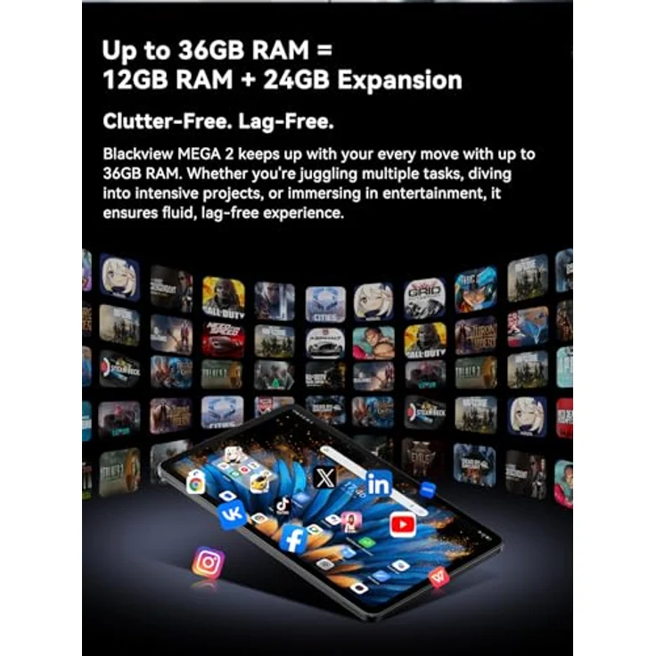 Blackview MEGA 2 WiFi, 12″ 2K 90Hz Tablet mit Android 15, 36GB RAM, 256GB Speicher erweiterbar auf 2TB, 9000mAh Akku, 16MP + 8MP Kameras, Himmelsgrau – Bild 5