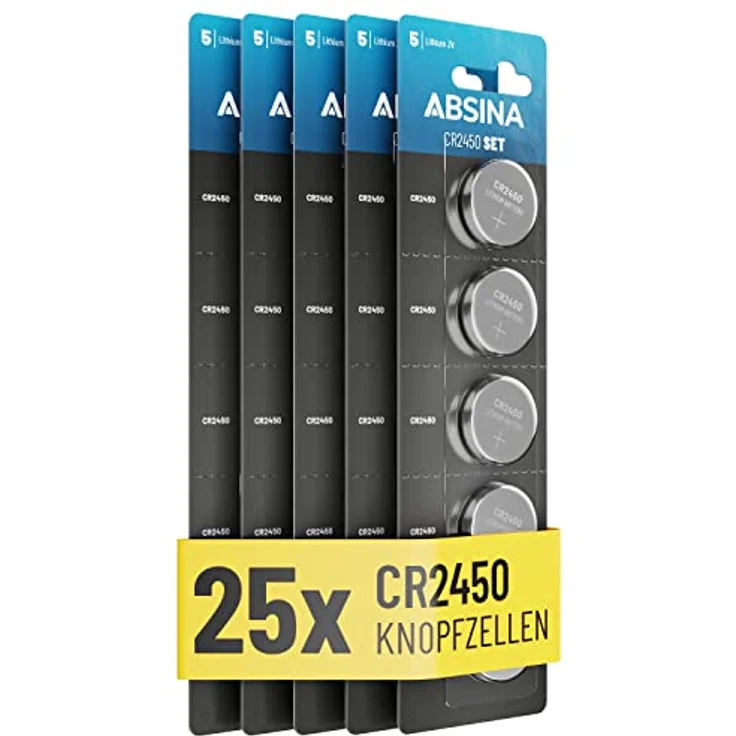 ABSINA CR2450 Knopfzelle 25er Pack für Blitzerwarner UVM - CR 2450 3V Knopfzellen auslaufsicher & Lange Haltbarkeit - CR 2450 Batterien, Knopfzellen CR2450, Batterie 2450, Knopfzelle Großpackung – Bild 1