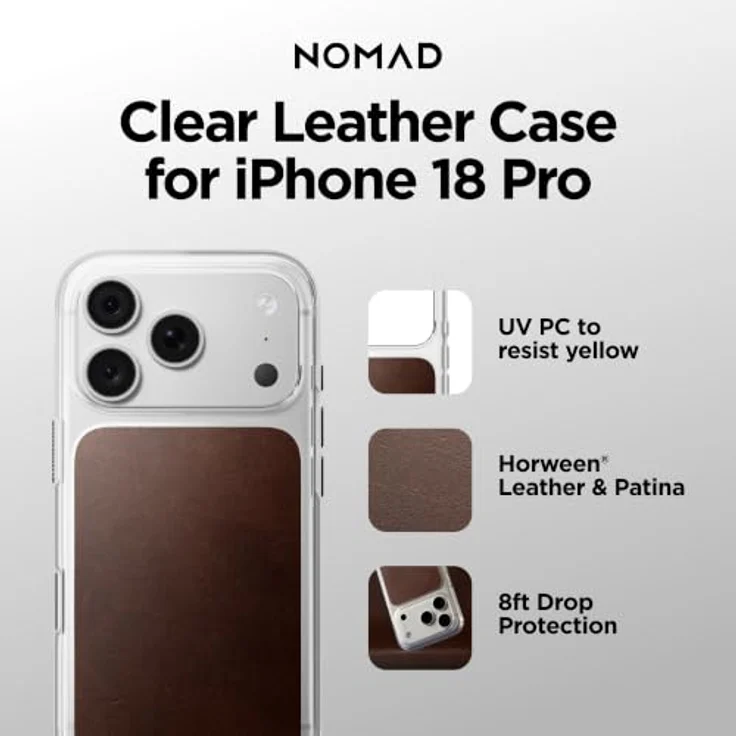 Nomad Clear Leather Case, transparent mit echtem Horween-Leder, rustic brown, für iPhone 18 Pro/17 Pro – Bild 2
