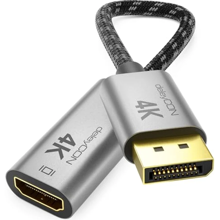 deleyCON 10cm DisplayPort auf HDMI Adapterkabel, Aluminium-Stecker, Nylonkabel, 1080P@60Hz / 1440P@60Hz / 4K@30Hz für PC Grafikkarte, Uni-Direktional – Bild 1