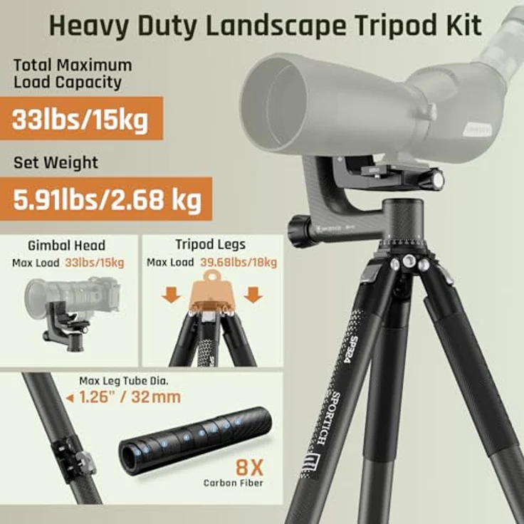 SIRUI Europe Sirui Sportich SP324 + BH-10 Carbon Dreibeinstativ, Arbeitshöhe bis 176,5 cm, Traglast bis 18 kg, nur 2,2 kg leicht – Bild 3