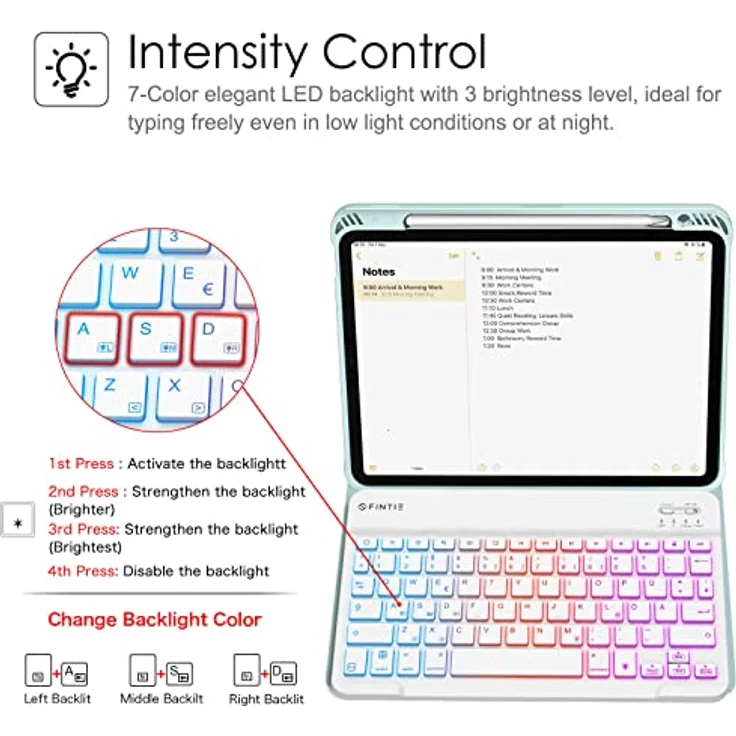 Fintie Tastatur Hülle für iPad Air 11" 2024, iPad Air 5 2022/ iPad Air 4 Hülle mit Tastatur 10.9" - Magnetisch Abnehmbarer Keyboard mit DIY Hintergrundbeleuchtung, Deutsches QWERTZ Layout, Eisblau – Bild 4